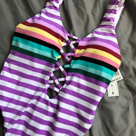 NWT Bikini Lab Swimsuit Stripeout Plunge One Piece - Picture 5 of 6